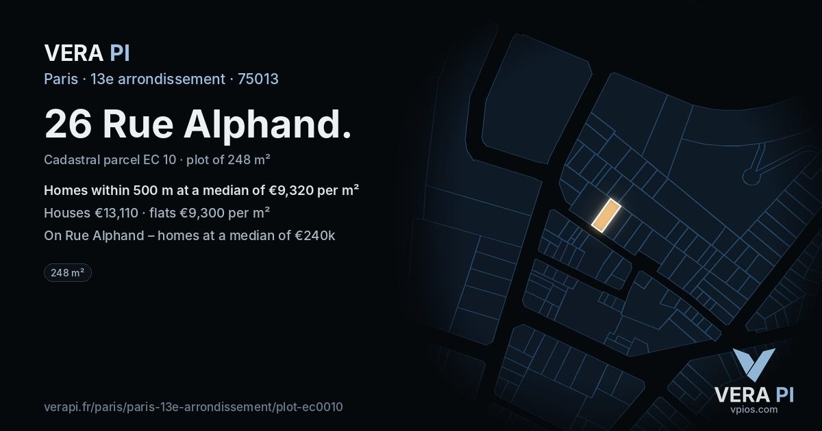 26 Rue Alphand, 13e arrondissement at night – the plot lit, the parcels around coloured by the prices near them