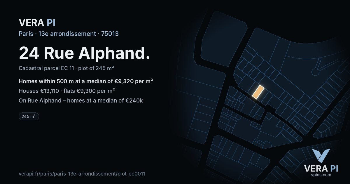 24 Rue Alphand, 13e arrondissement at night – the plot lit, the parcels around coloured by the prices near them