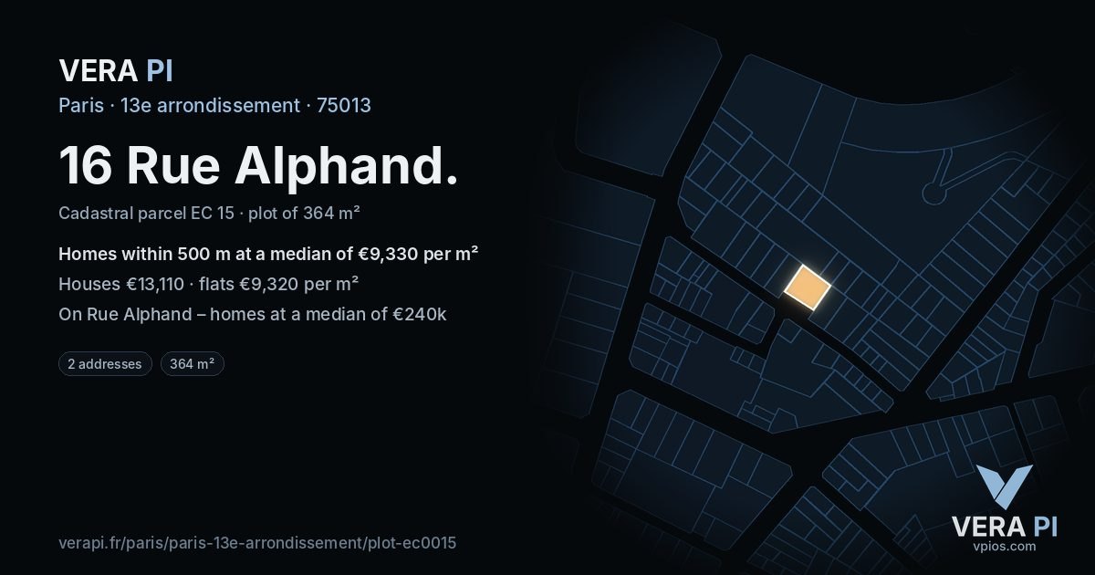 16 Rue Alphand, 13e arrondissement at night – the plot lit, the parcels around coloured by the prices near them