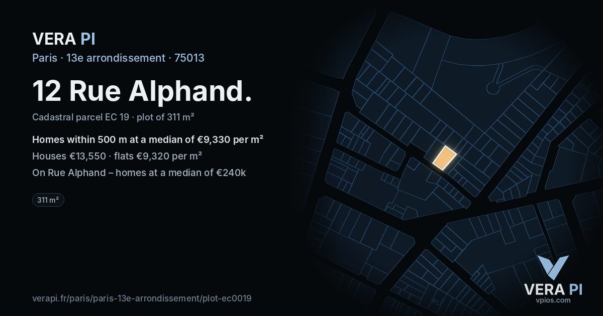 12 Rue Alphand, 13e arrondissement at night – the plot lit, the parcels around coloured by the prices near them