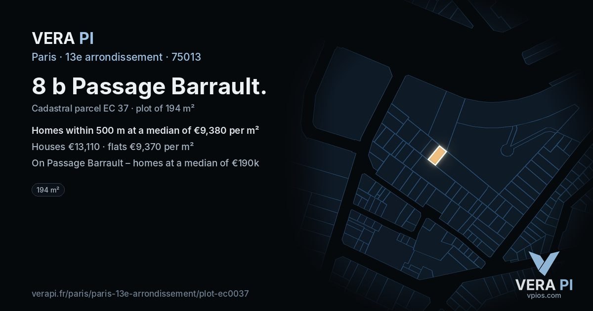 8 b Passage Barrault, 13e arrondissement at night – the plot lit, the parcels around coloured by the prices near them