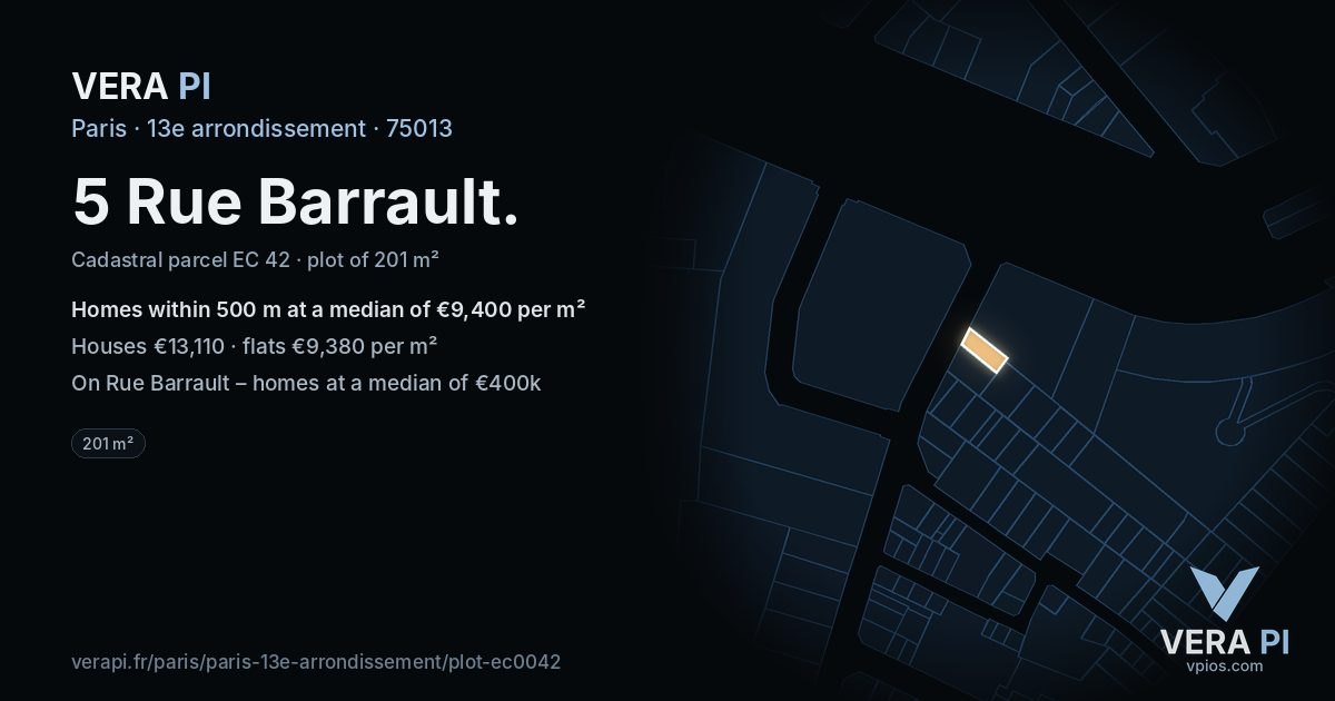 5 Rue Barrault, 13e arrondissement at night – the plot lit, the parcels around coloured by the prices near them