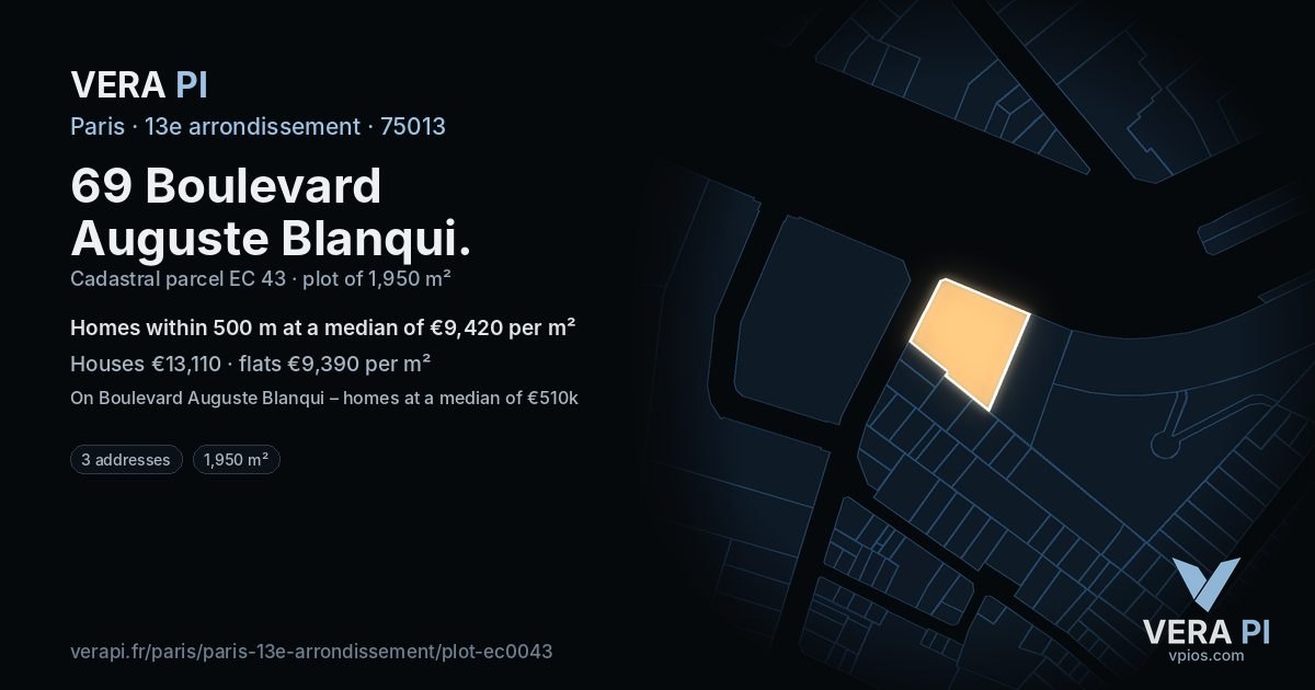 69 Boulevard Auguste Blanqui, 13e arrondissement at night – the plot lit, the parcels around coloured by the prices near them
