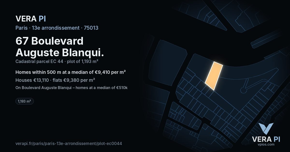 67 Boulevard Auguste Blanqui, 13e arrondissement at night – the plot lit, the parcels around coloured by the prices near them