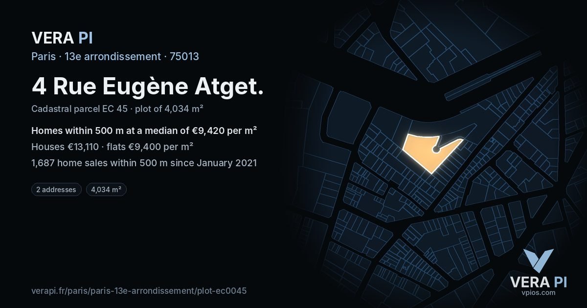 4 Rue Eugène Atget, 13e arrondissement at night – the plot lit, the parcels around coloured by the prices near them