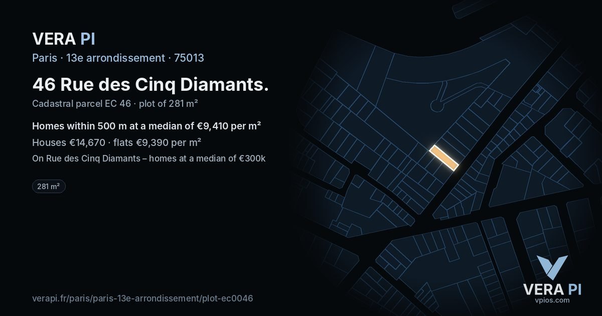 46 Rue des Cinq Diamants, 13e arrondissement at night – the plot lit, the parcels around coloured by the prices near them