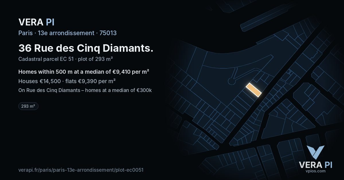 36 Rue des Cinq Diamants, 13e arrondissement at night – the plot lit, the parcels around coloured by the prices near them