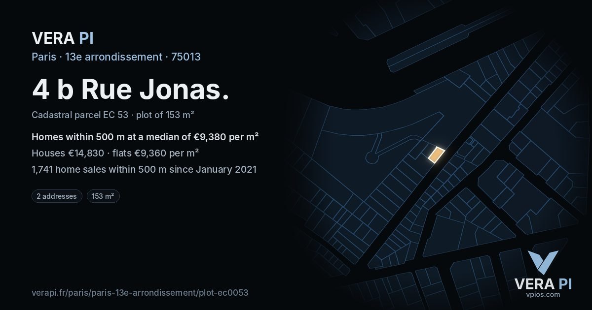 4 b Rue Jonas, 13e arrondissement at night – the plot lit, the parcels around coloured by the prices near them