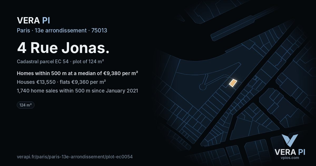 4 Rue Jonas, 13e arrondissement at night – the plot lit, the parcels around coloured by the prices near them