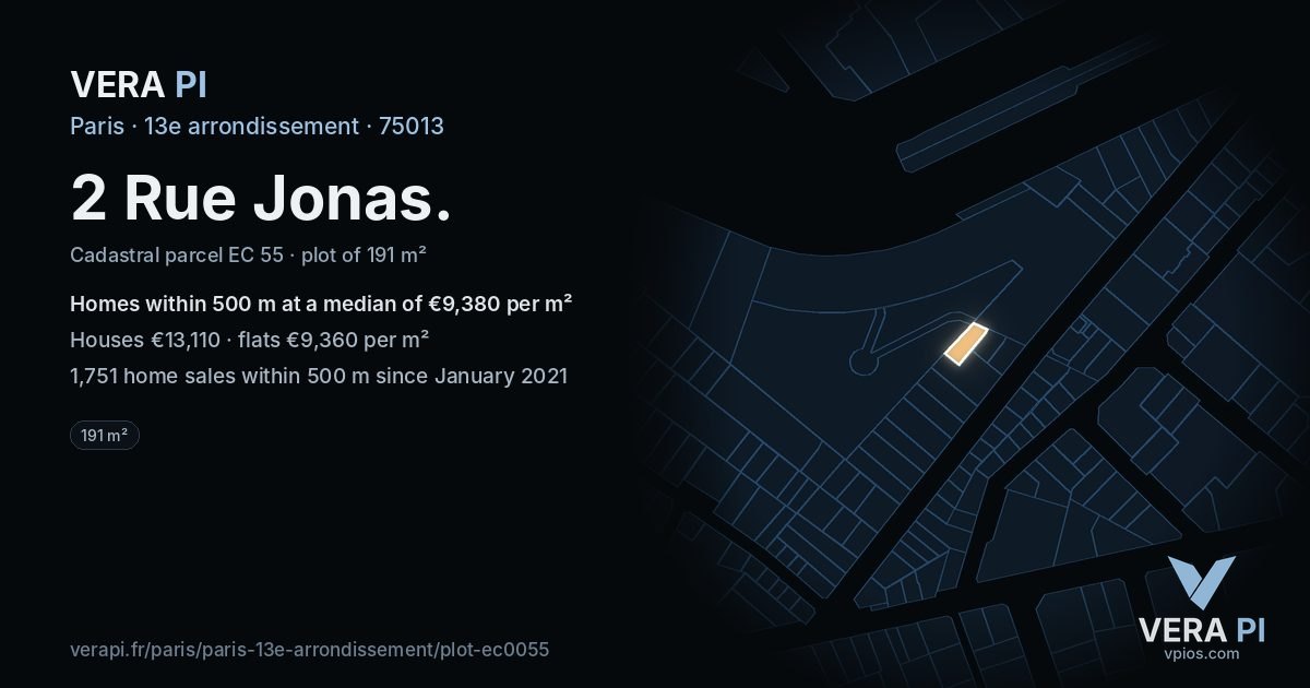 2 Rue Jonas, 13e arrondissement at night – the plot lit, the parcels around coloured by the prices near them