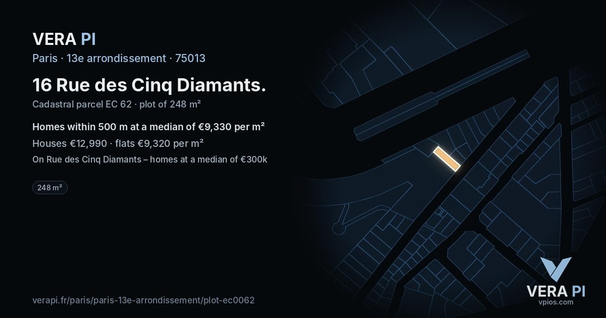 16 Rue des Cinq Diamants, 13e arrondissement at night – the plot lit, the parcels around coloured by the prices near them
