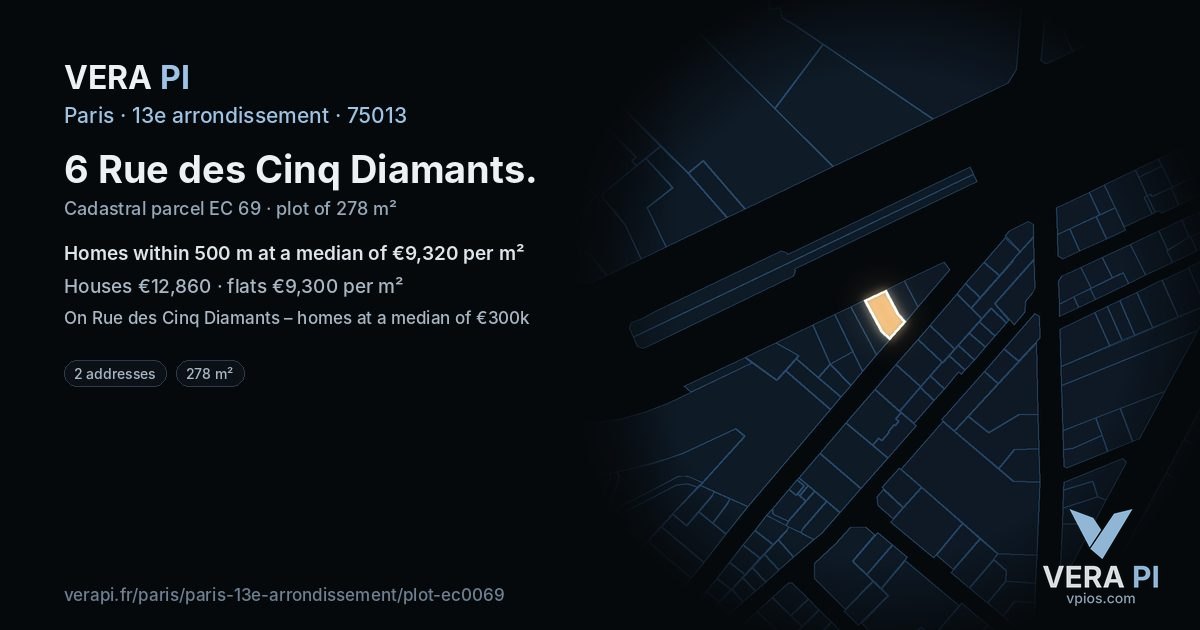 6 Rue des Cinq Diamants, 13e arrondissement at night – the plot lit, the parcels around coloured by the prices near them