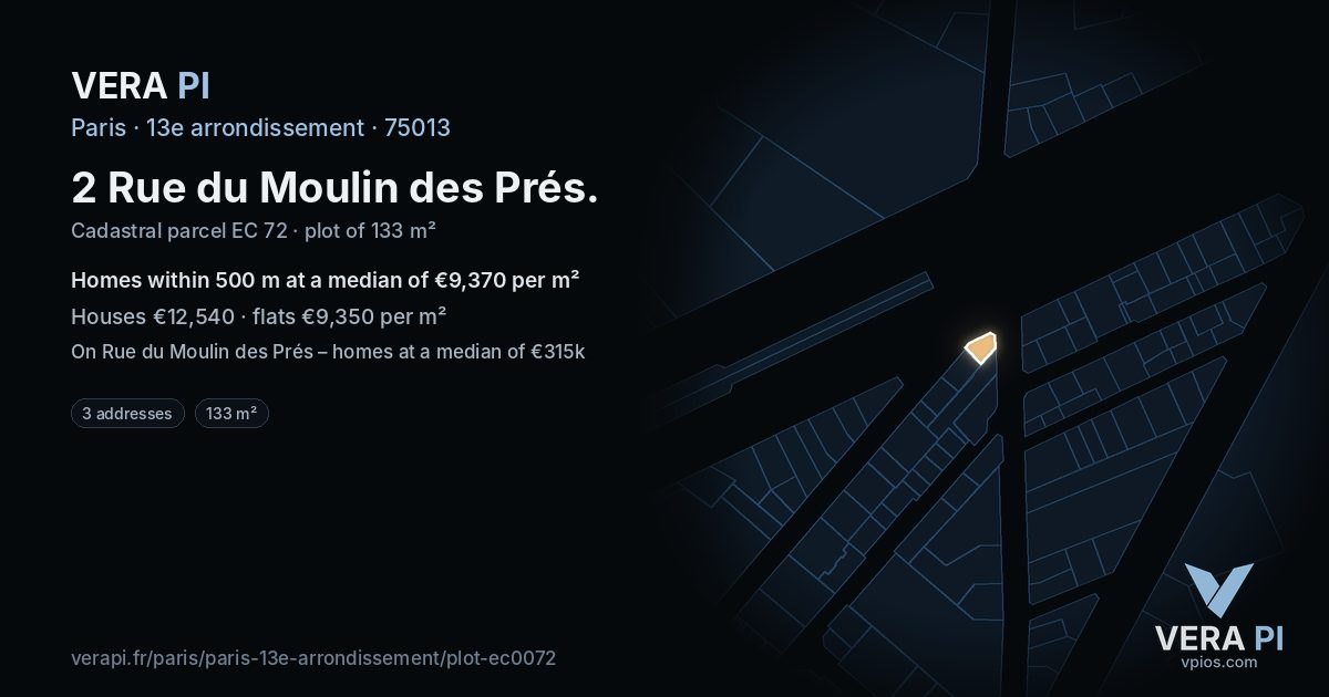 2 Rue du Moulin des Prés, 13e arrondissement at night – the plot lit, the parcels around coloured by the prices near them