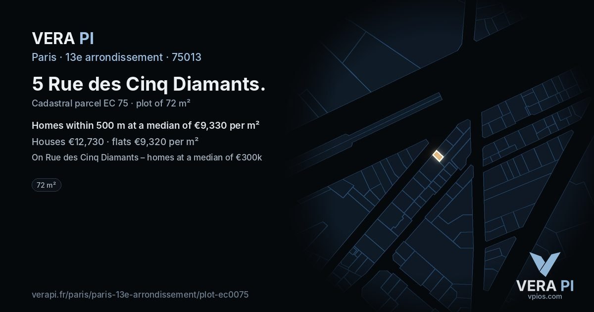 5 Rue des Cinq Diamants, 13e arrondissement at night – the plot lit, the parcels around coloured by the prices near them