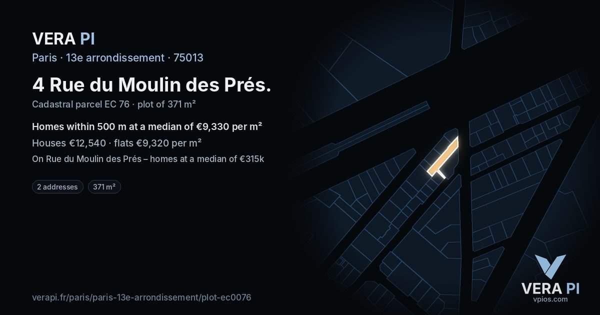 4 Rue du Moulin des Prés, 13e arrondissement at night – the plot lit, the parcels around coloured by the prices near them