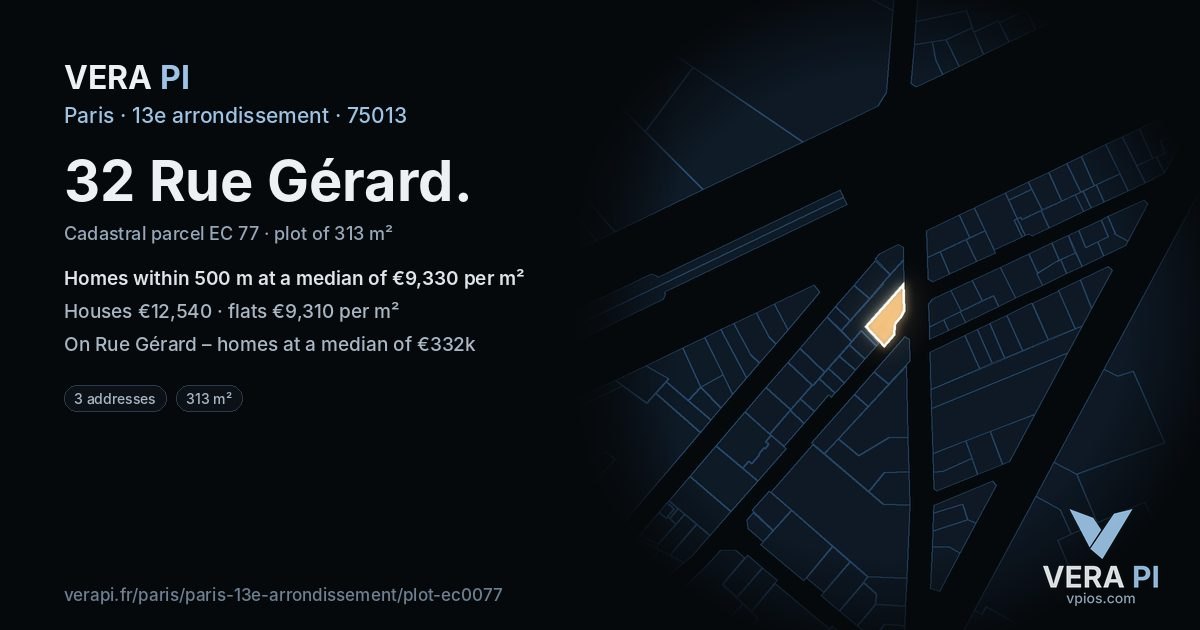 32 Rue Gérard, 13e arrondissement at night – the plot lit, the parcels around coloured by the prices near them