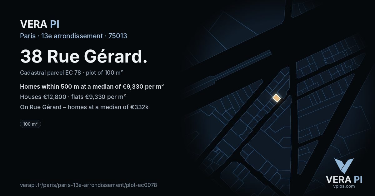 38 Rue Gérard, 13e arrondissement at night – the plot lit, the parcels around coloured by the prices near them