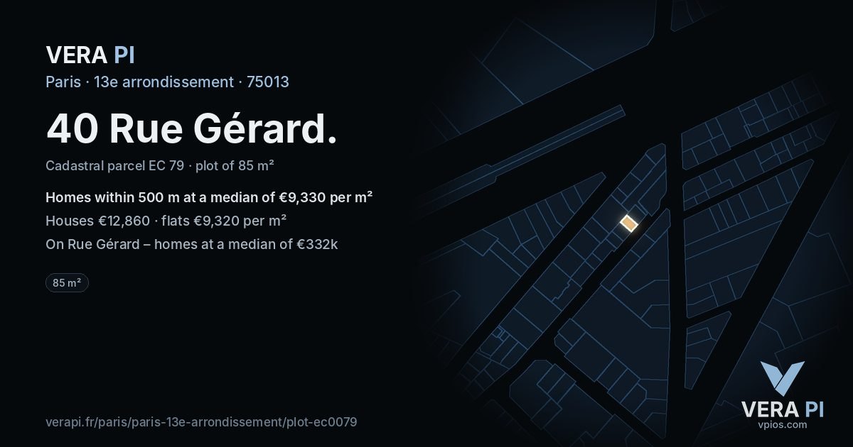 40 Rue Gérard, 13e arrondissement at night – the plot lit, the parcels around coloured by the prices near them