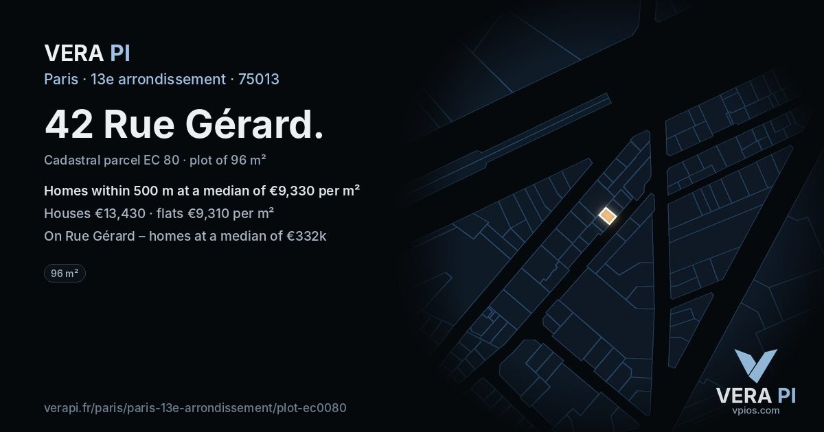 42 Rue Gérard, 13e arrondissement at night – the plot lit, the parcels around coloured by the prices near them