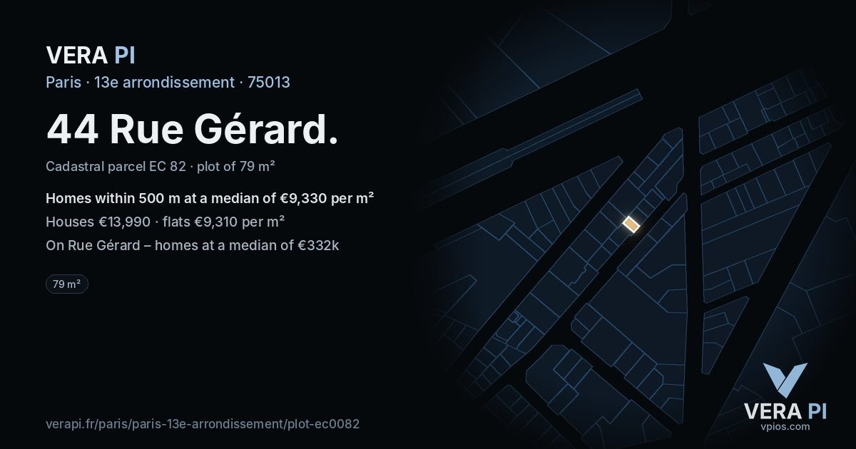 44 Rue Gérard, 13e arrondissement at night – the plot lit, the parcels around coloured by the prices near them