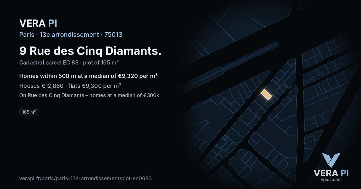 9 Rue des Cinq Diamants, 13e arrondissement at night – the plot lit, the parcels around coloured by the prices near them