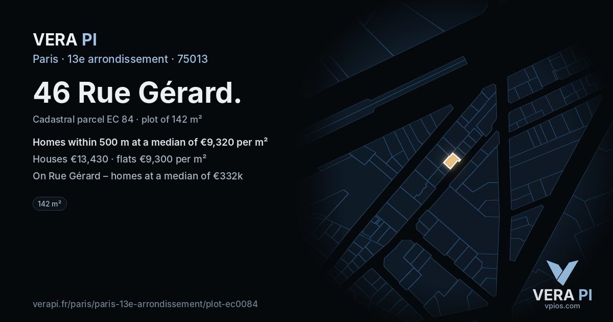 46 Rue Gérard, 13e arrondissement at night – the plot lit, the parcels around coloured by the prices near them