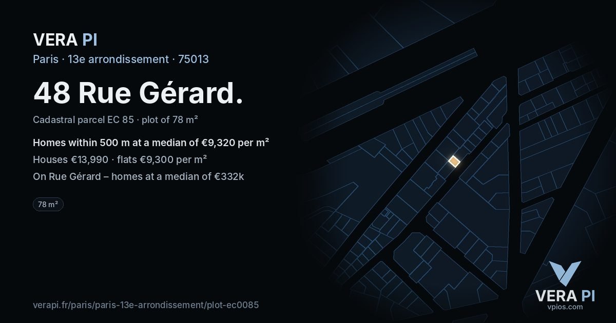48 Rue Gérard, 13e arrondissement at night – the plot lit, the parcels around coloured by the prices near them