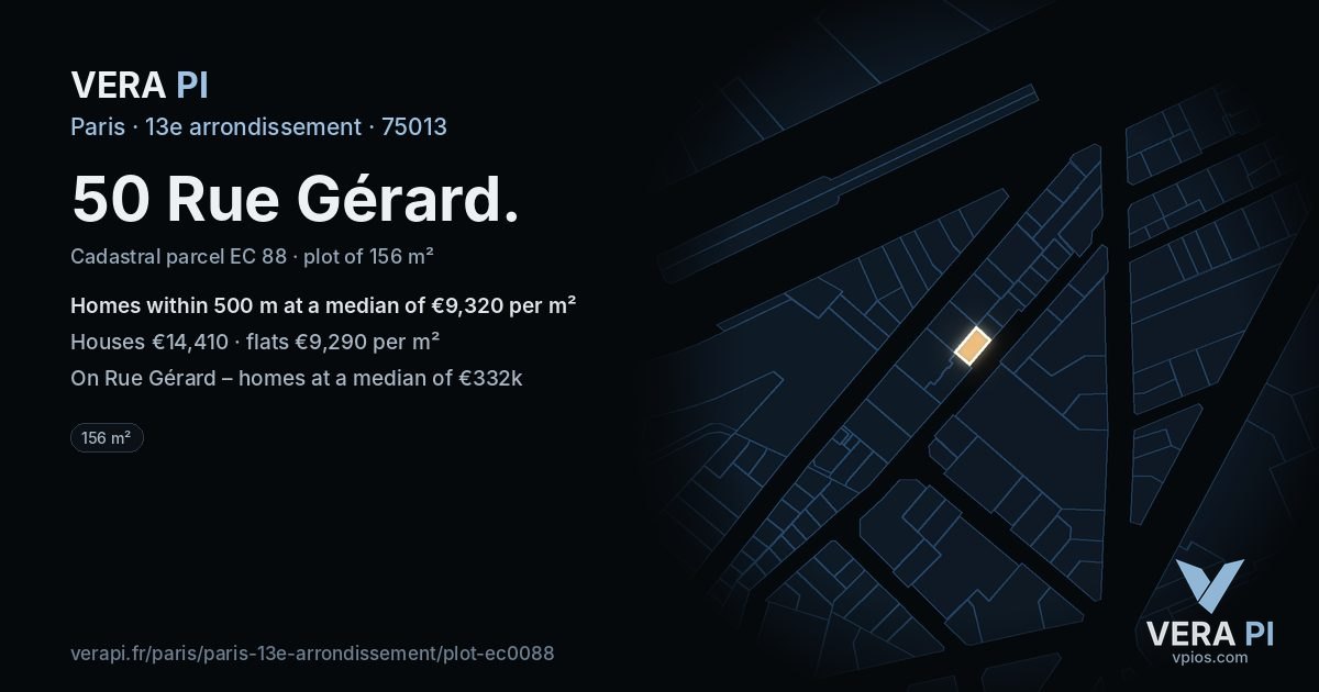 50 Rue Gérard, 13e arrondissement at night – the plot lit, the parcels around coloured by the prices near them