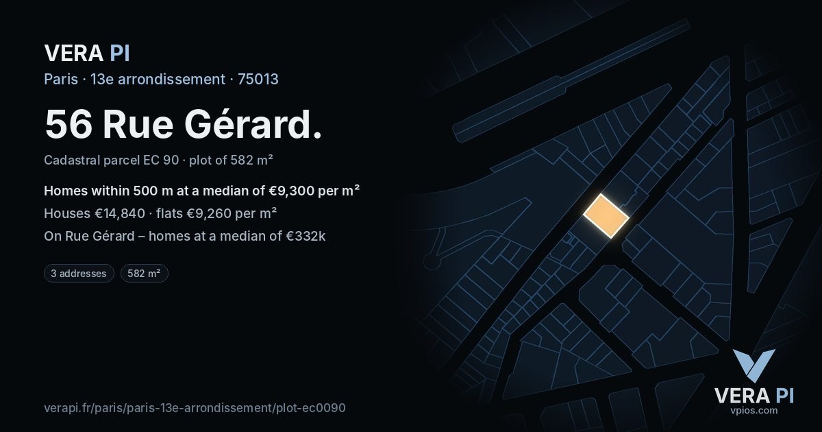56 Rue Gérard, 13e arrondissement at night – the plot lit, the parcels around coloured by the prices near them