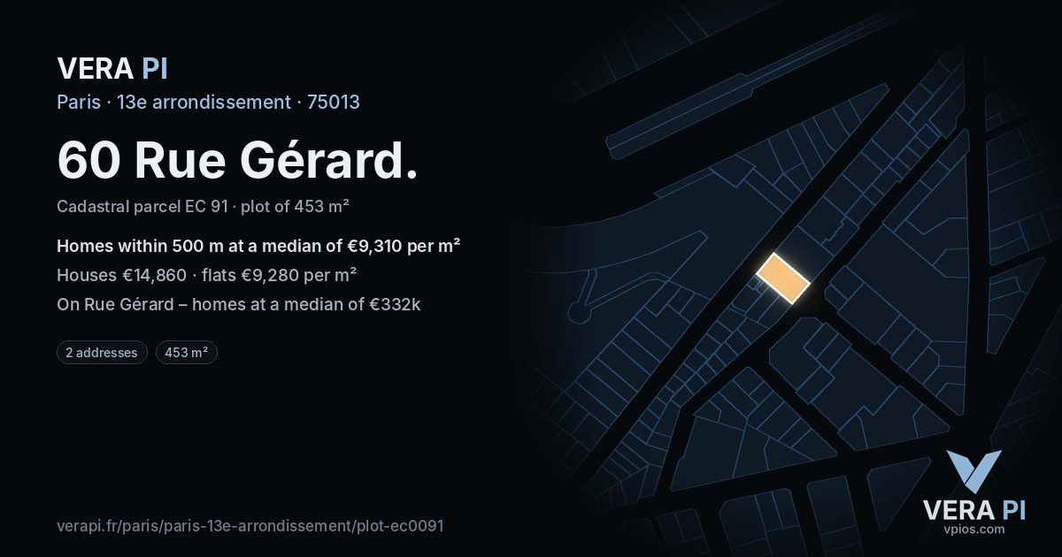 60 Rue Gérard, 13e arrondissement at night – the plot lit, the parcels around coloured by the prices near them