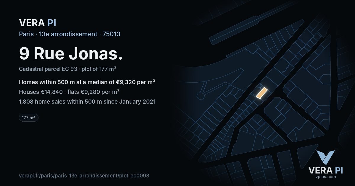 9 Rue Jonas, 13e arrondissement at night – the plot lit, the parcels around coloured by the prices near them