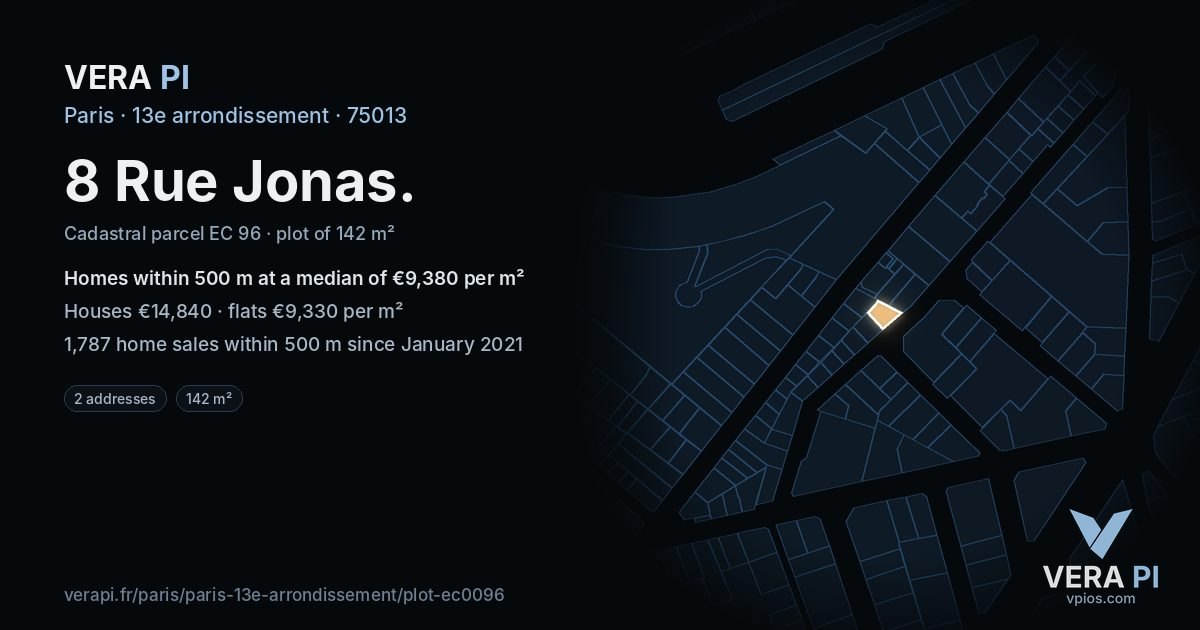 8 Rue Jonas, 13e arrondissement at night – the plot lit, the parcels around coloured by the prices near them