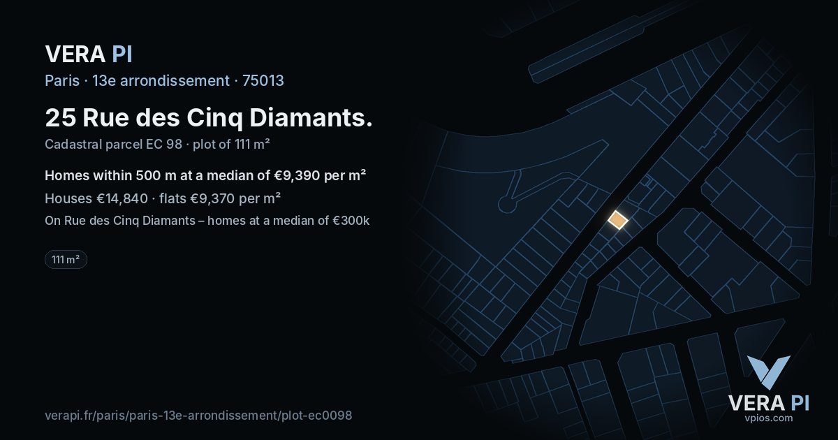 25 Rue des Cinq Diamants, 13e arrondissement at night – the plot lit, the parcels around coloured by the prices near them