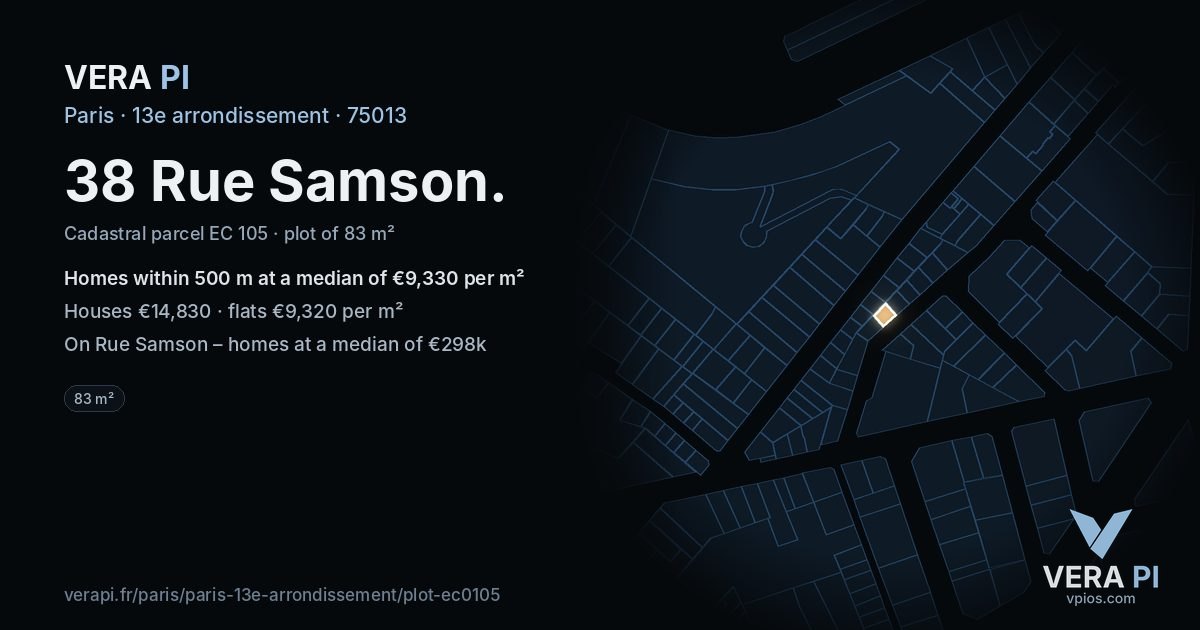 38 Rue Samson, 13e arrondissement at night – the plot lit, the parcels around coloured by the prices near them