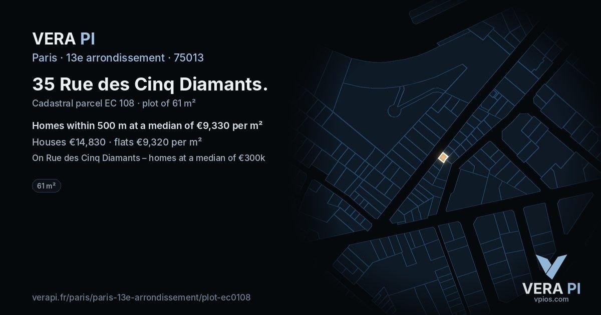 35 Rue des Cinq Diamants, 13e arrondissement at night – the plot lit, the parcels around coloured by the prices near them