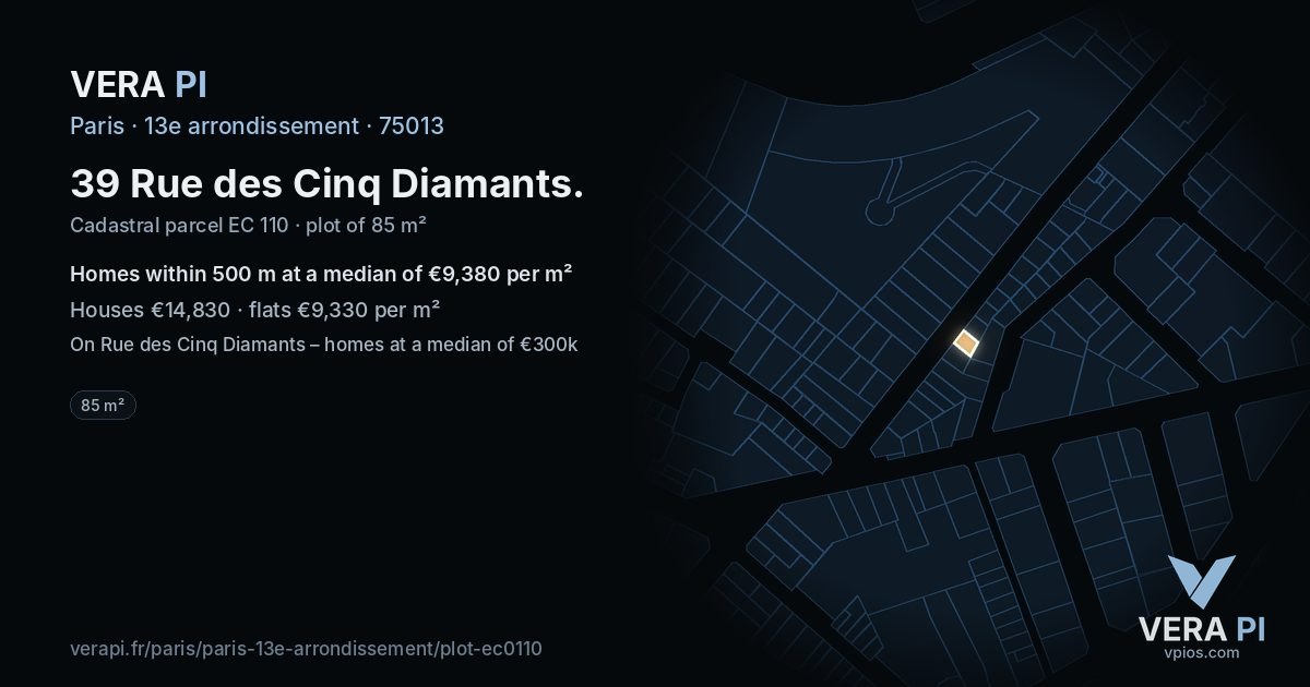 39 Rue des Cinq Diamants, 13e arrondissement at night – the plot lit, the parcels around coloured by the prices near them