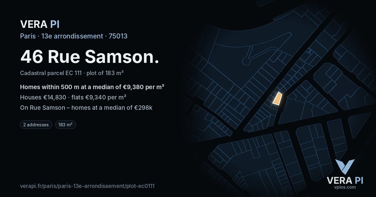 46 Rue Samson, 13e arrondissement at night – the plot lit, the parcels around coloured by the prices near them