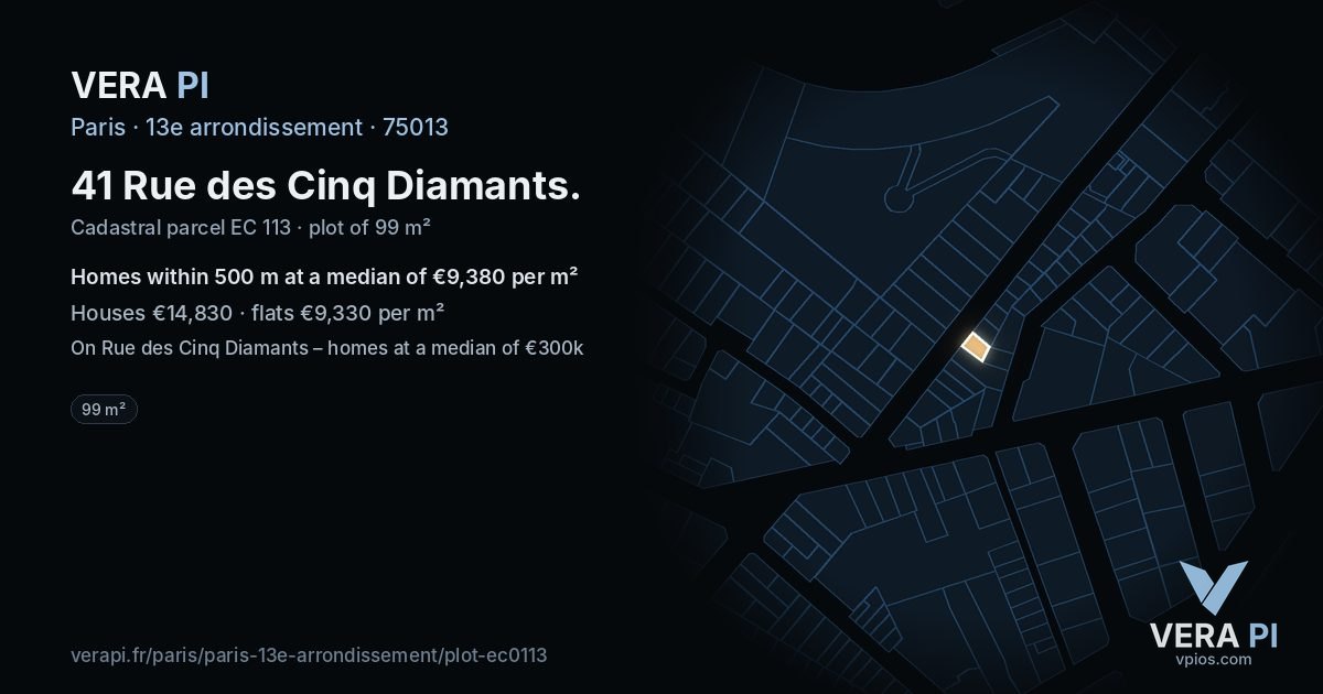 41 Rue des Cinq Diamants, 13e arrondissement at night – the plot lit, the parcels around coloured by the prices near them