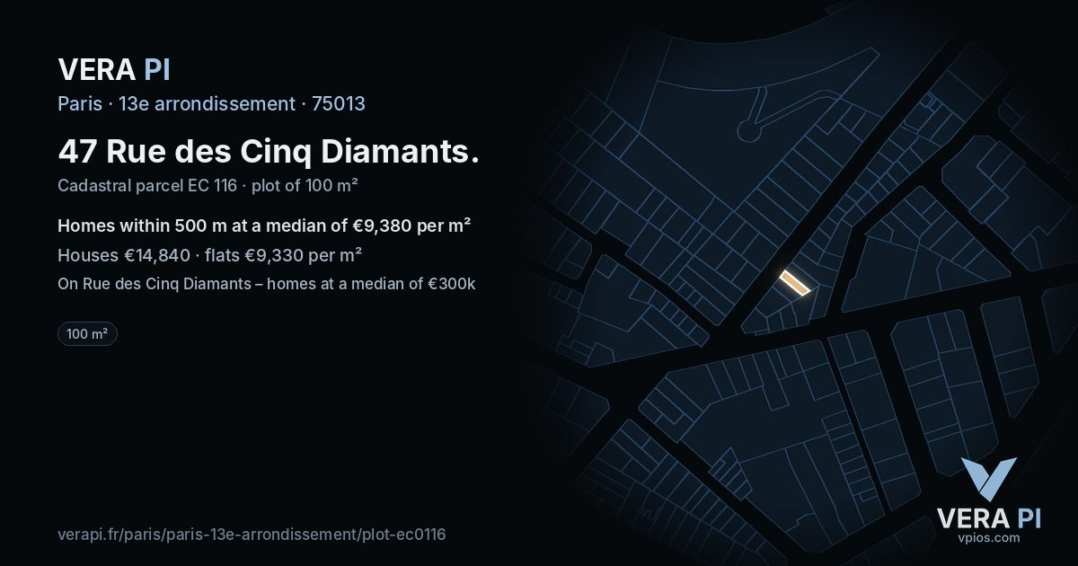47 Rue des Cinq Diamants, 13e arrondissement at night – the plot lit, the parcels around coloured by the prices near them