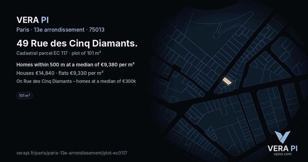 49 Rue des Cinq Diamants, 13e arrondissement at night – the plot lit, the parcels around coloured by the prices near them