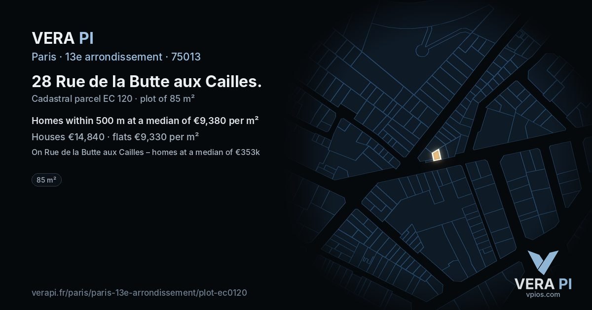 28 Rue de la Butte aux Cailles, 13e arrondissement at night – the plot lit, the parcels around coloured by the prices near them
