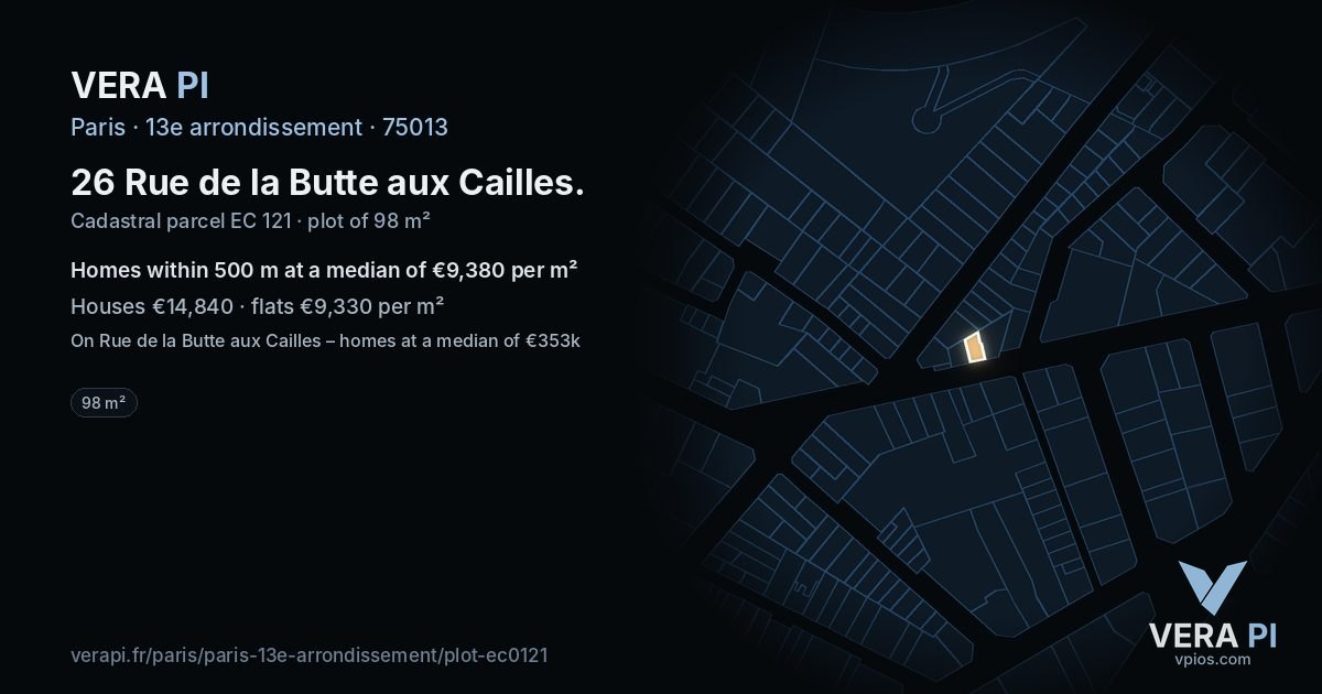 26 Rue de la Butte aux Cailles, 13e arrondissement at night – the plot lit, the parcels around coloured by the prices near them