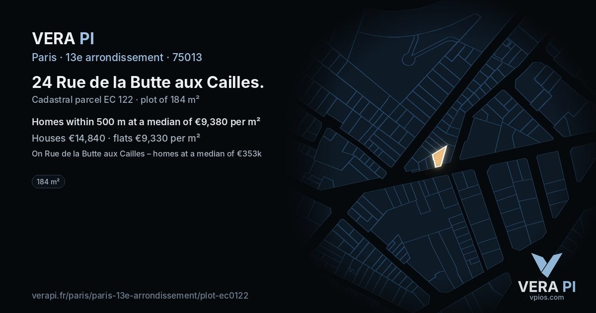 24 Rue de la Butte aux Cailles, 13e arrondissement at night – the plot lit, the parcels around coloured by the prices near them