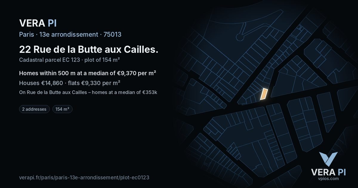 22 Rue de la Butte aux Cailles, 13e arrondissement at night – the plot lit, the parcels around coloured by the prices near them