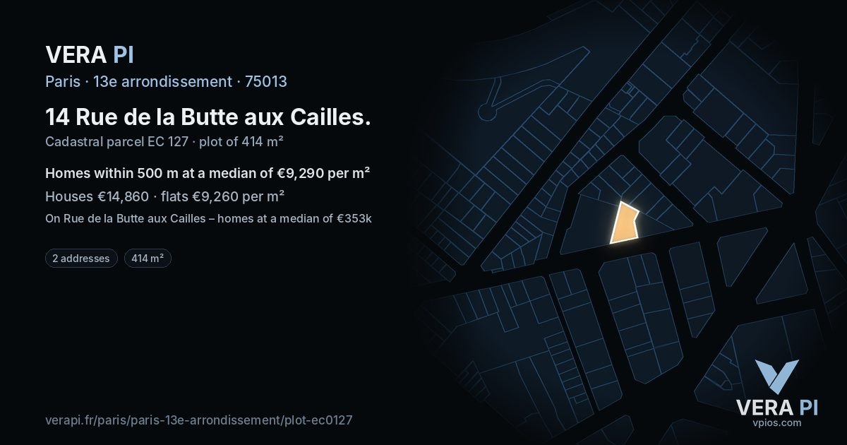 14 Rue de la Butte aux Cailles, 13e arrondissement at night – the plot lit, the parcels around coloured by the prices near them