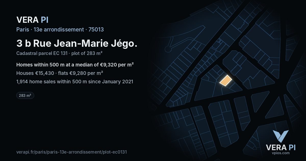 3 b Rue Jean-Marie Jégo, 13e arrondissement at night – the plot lit, the parcels around coloured by the prices near them