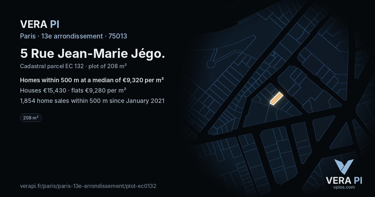 5 Rue Jean-Marie Jégo, 13e arrondissement at night – the plot lit, the parcels around coloured by the prices near them