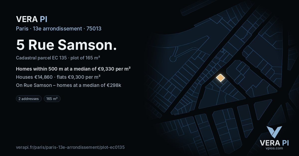 5 Rue Samson, 13e arrondissement at night – the plot lit, the parcels around coloured by the prices near them