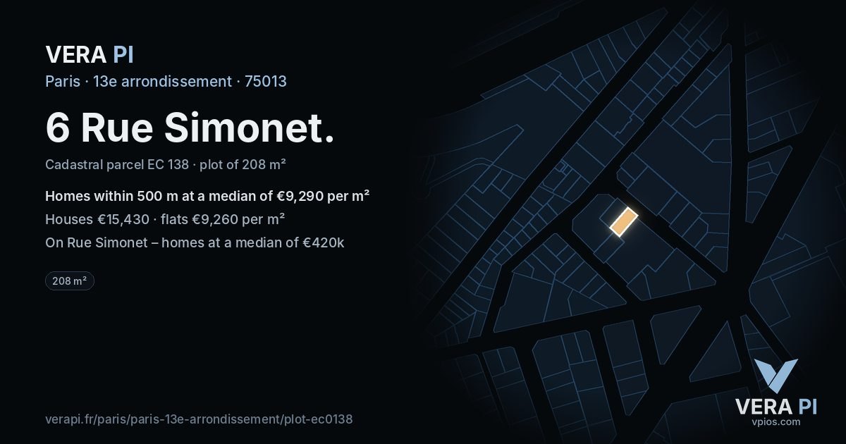 6 Rue Simonet, 13e arrondissement at night – the plot lit, the parcels around coloured by the prices near them