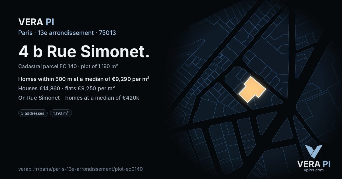 4 b Rue Simonet, 13e arrondissement at night – the plot lit, the parcels around coloured by the prices near them